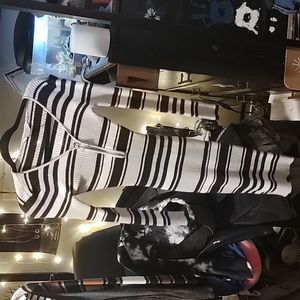Black, silver and white stripped dress V neck with zipper in front